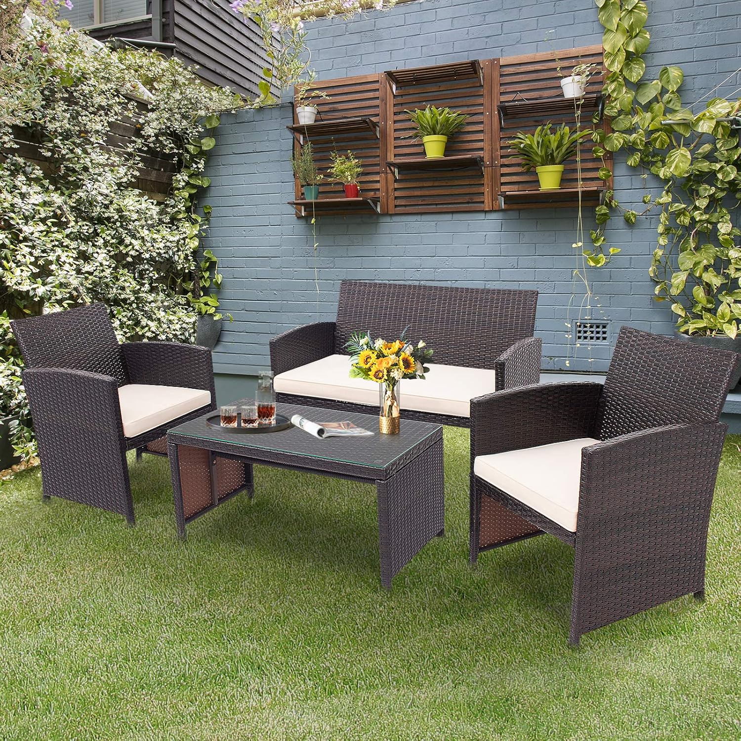 HAPPYGRILL Set of 4 Rattan Conversation Set Outdoor Wicker Furniture Set with Tempered Glass Coffee Table, Soft Cushions, Weather-Resistant Rattan Chair Set for Garden Backyard Poolside