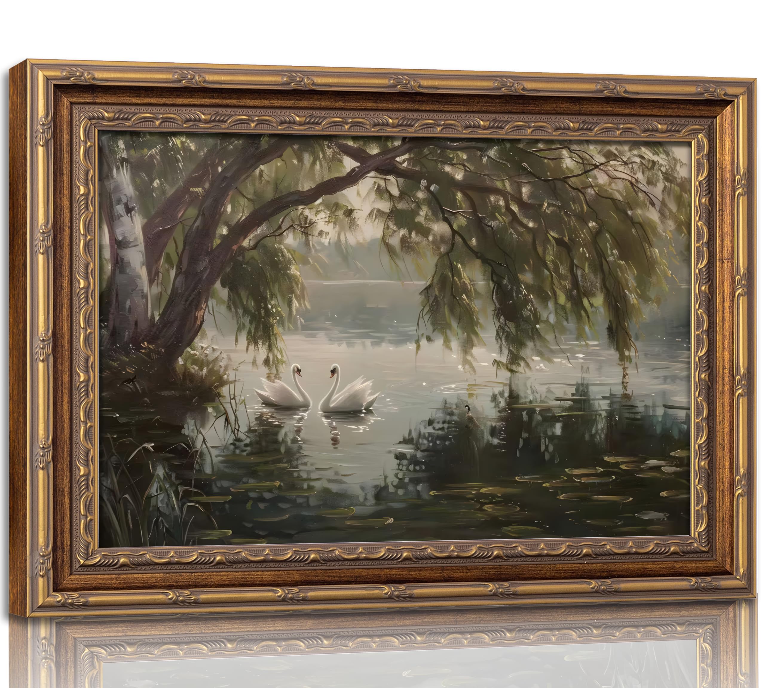 Vintage Gold Framed Landscape Wall Art Vintage River Painting Canvas Prints Landscape Wall Decor Countryside Painting Style Poster Print Artwork for Living Room Bedroom Home Decoration