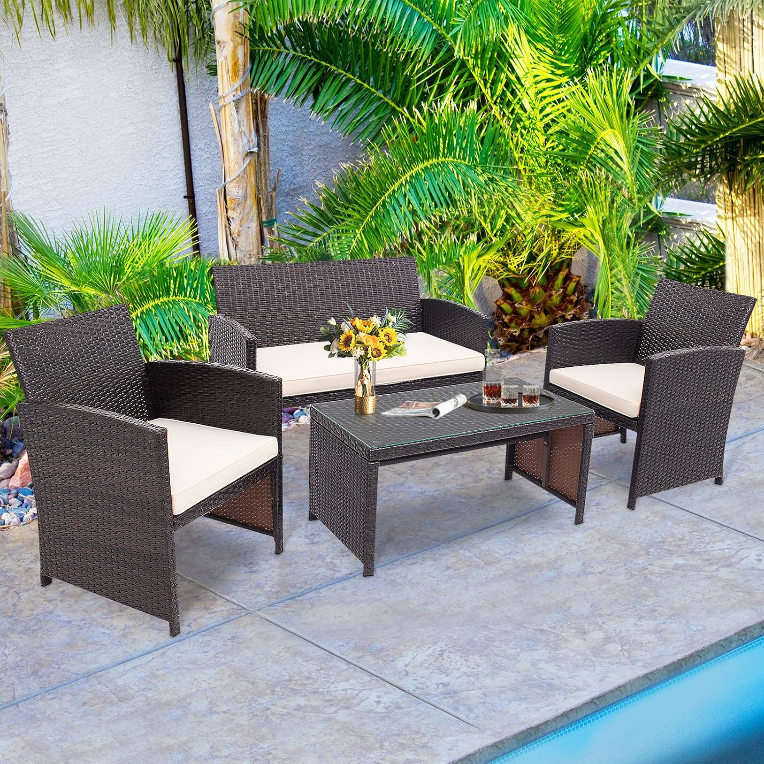 HAPPYGRILL Set of 4 Rattan Conversation Set Outdoor Wicker Furniture Set with Tempered Glass Coffee Table, Soft Cushions, Weather-Resistant Rattan Chair Set for Garden Backyard Poolside