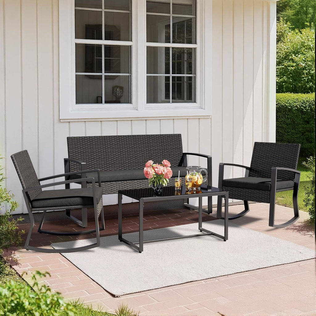 Ahomly 4 Piece Patio Furniture Set, Outdoor Wicker Patio Furniture with Glass Coffee Table, Modern Rattan Rocking Chairs Conversation Set, for Porch, Garden, Lawn (Black)
