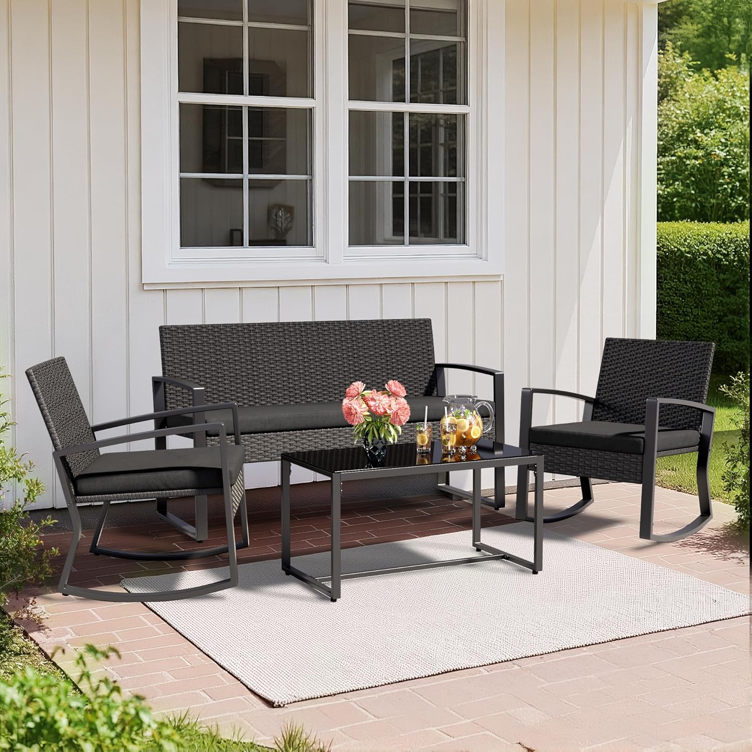 Ahomly 4 Piece Patio Furniture Set, Outdoor Wicker Patio Furniture with Glass Coffee Table, Modern Rattan Rocking Chairs Conversation Set, for Porch, Garden, Lawn (Black)