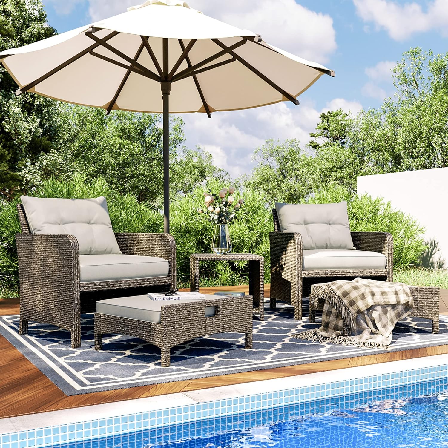Pamapic Outdoor Furniture 5 Piece Patio Conversation Set, Wicker Rattan Patio Set with Soft Cushions & Coffee Table, Balcony Furniturefor with 2 Ottoman for Porch, Garden, Lawn (Grey)