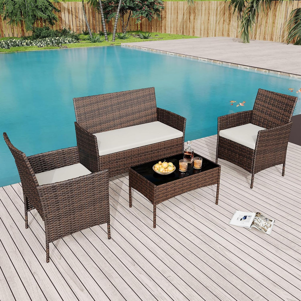 4PCS Outdoor Patio Bistro Set, PE Rattan Wicker Armchairs with Water-Resistant Cushions & Tempered Glass Coffee Table, All-Weather Conversation Set for Garden, Backyard, Porch, Poolside, Brown/Beige