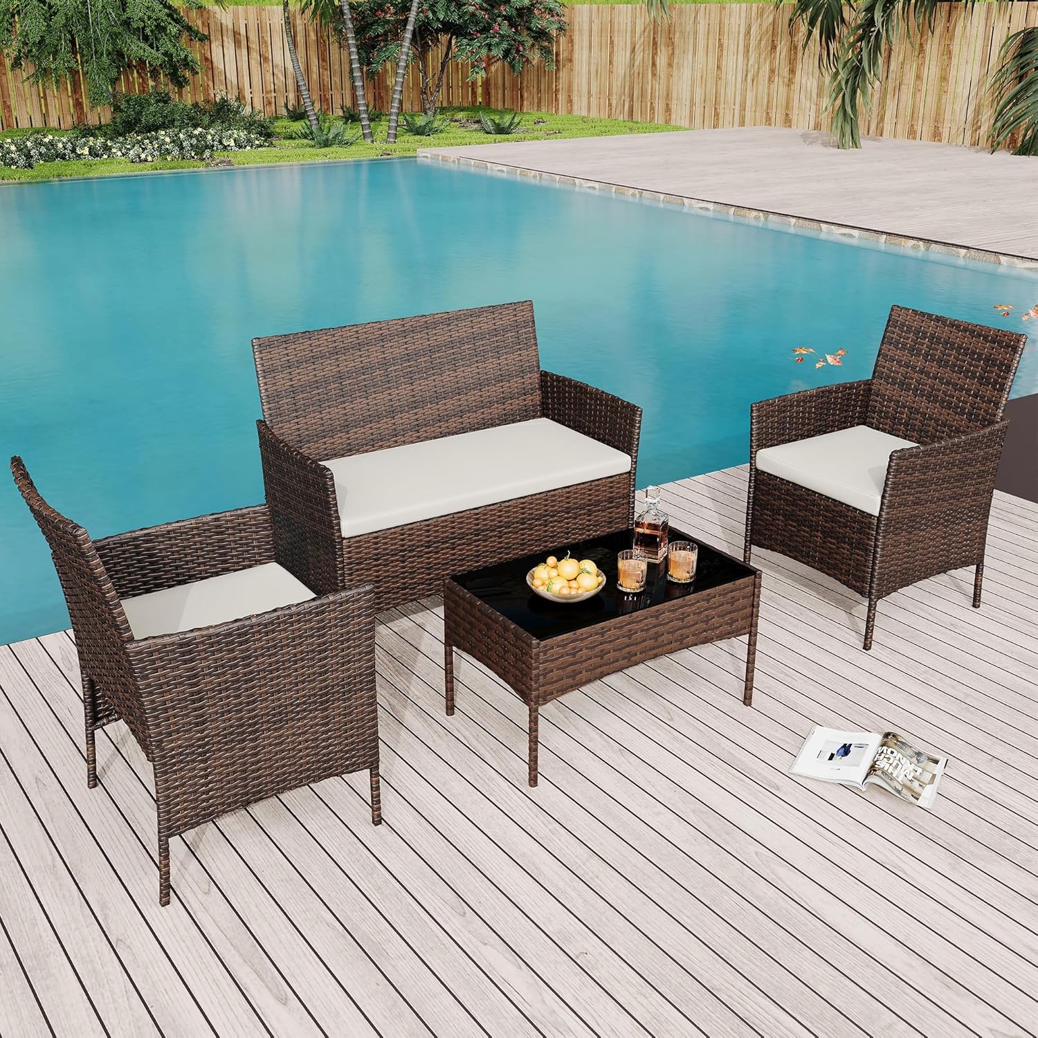 4PCS Outdoor Patio Bistro Set, PE Rattan Wicker Armchairs with Water-Resistant Cushions & Tempered Glass Coffee Table, All-Weather Conversation Set for Garden, Backyard, Porch, Poolside, Brown/Beige