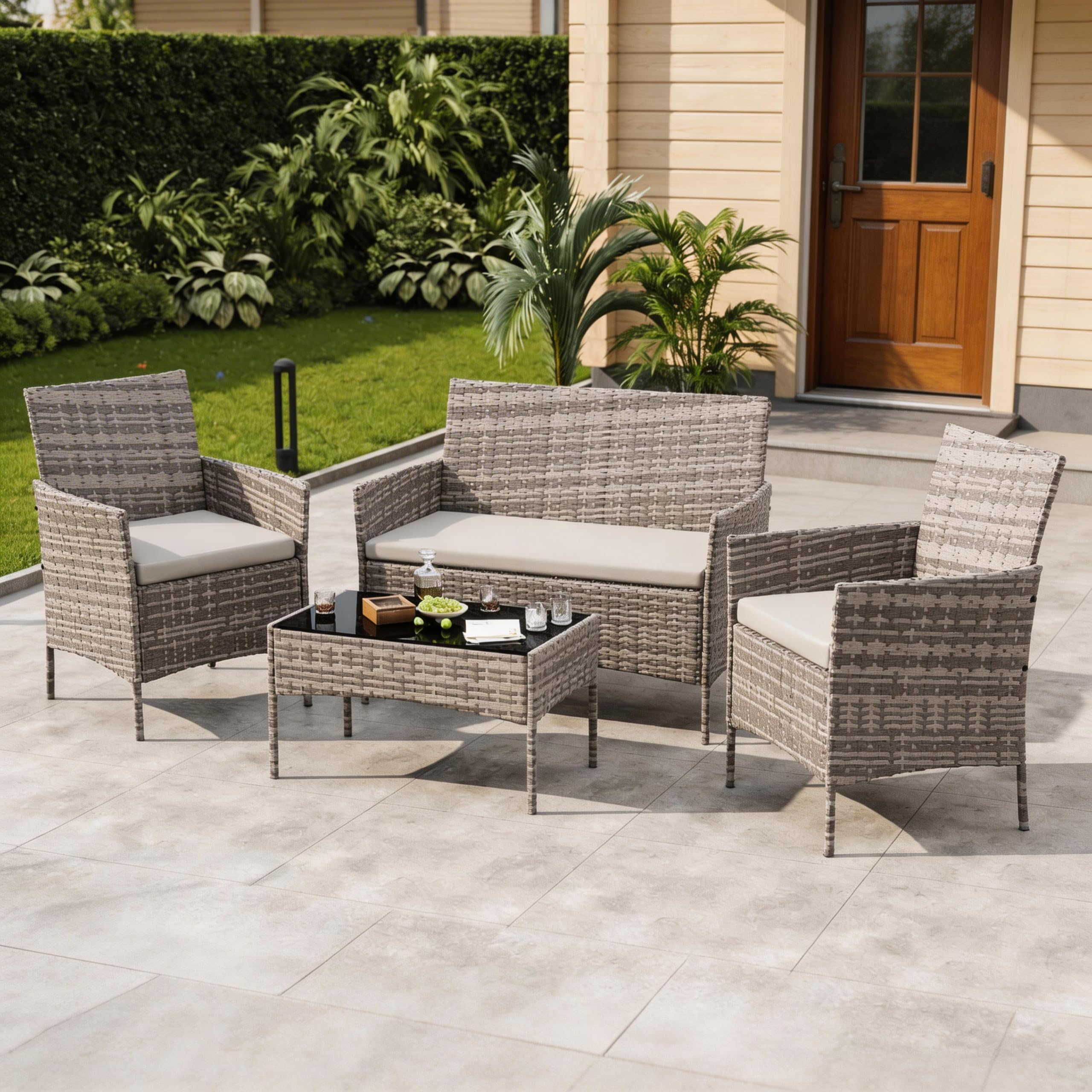 GAOMON 3-Piece Patio Furniture Set, Modern PE Rattan Conversation Set with 2 Chairs & Tempered Glass Coffee Table, All-Weather Outdoor Seating for Garden, Porch, Balcony, Poolside, Brown/Cream