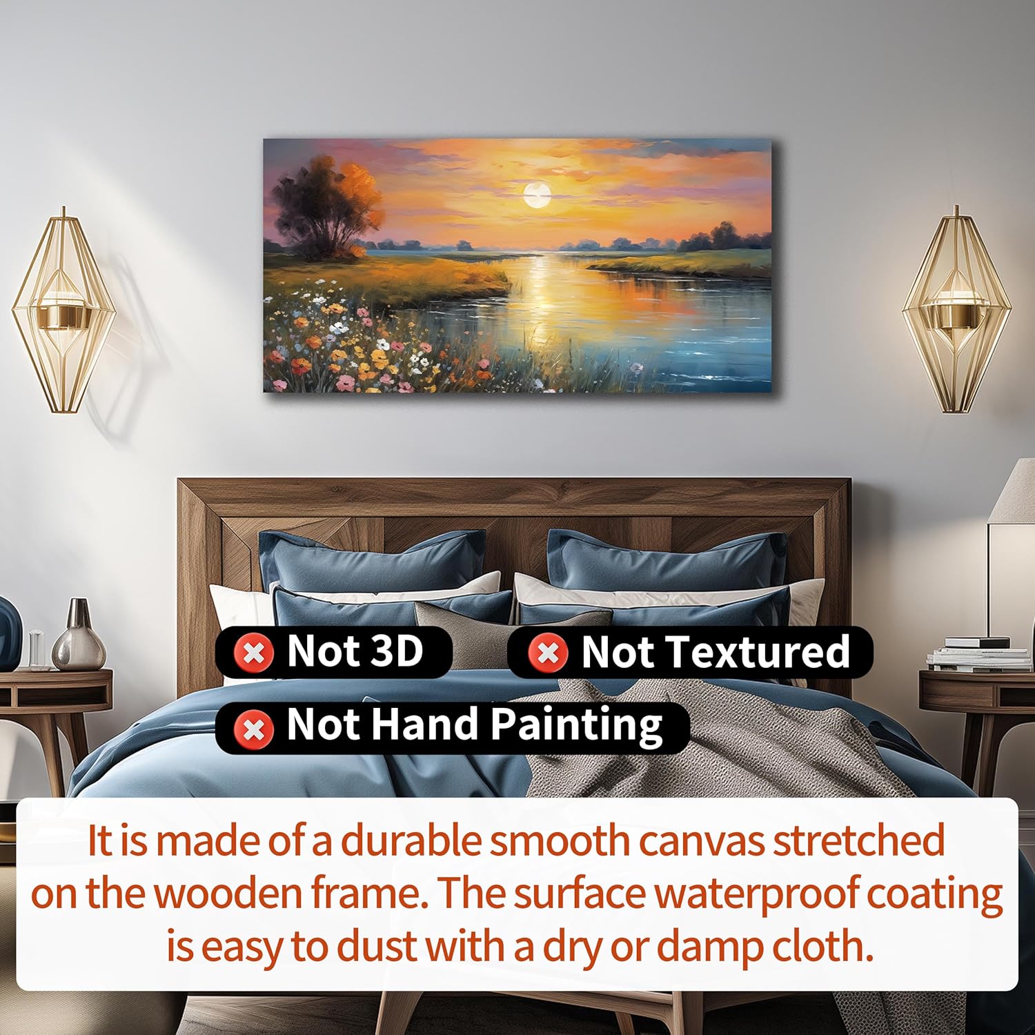 Orange Yellow Sunset Lake Landscape Canvas Wall Art with Vibrant Colorful Wildflowers & Distant Mountain, Serene Nature Scene Picture Print Painting Artwork for Living Room Bedroom Decor 40x20 Inches